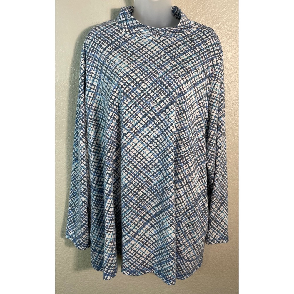 Susan Graver 3X Top Blue White Grid Plaid Mock Neck Long Sleeve Tunic Pockets